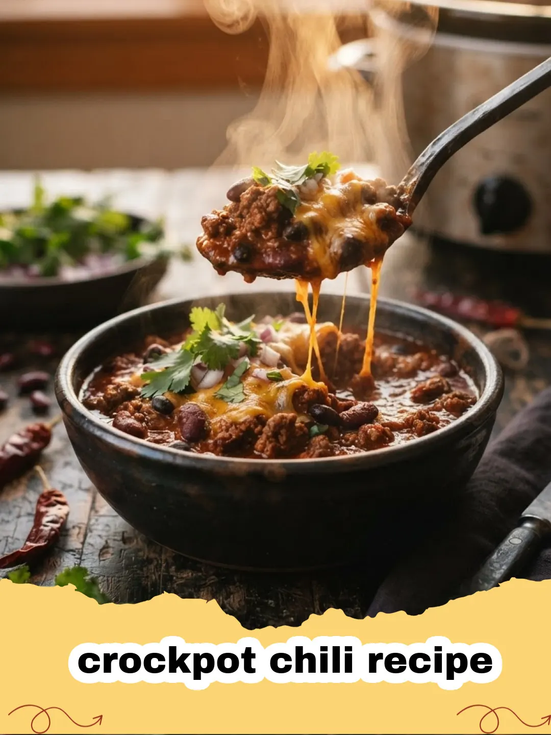 A close-up of a hearty crockpot chili recipe, topped with shredded cheese and fresh cilantro, served in a rustic bowl.