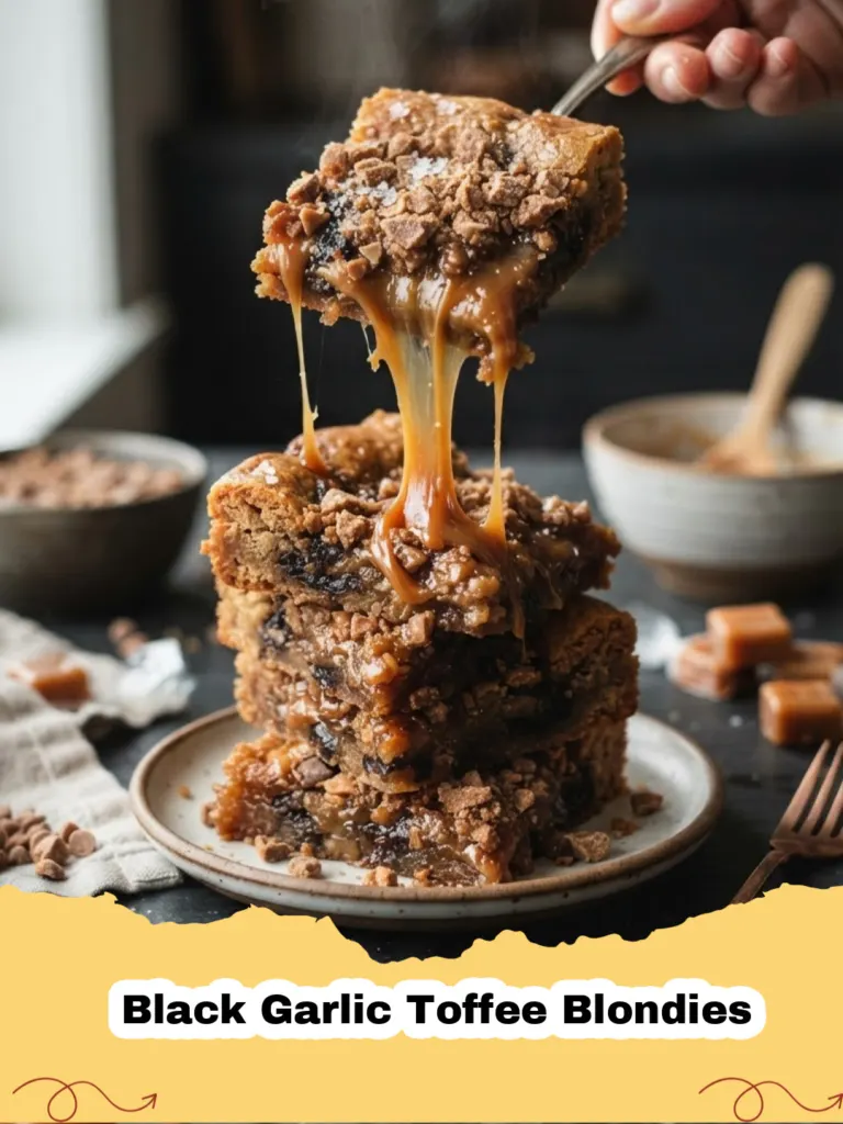 Black Garlic Toffee Blondies - Close-up of a square Black Garlic Toffee Blondie on a cooling rack, showcasing its chewy texture and visible toffee bits.
