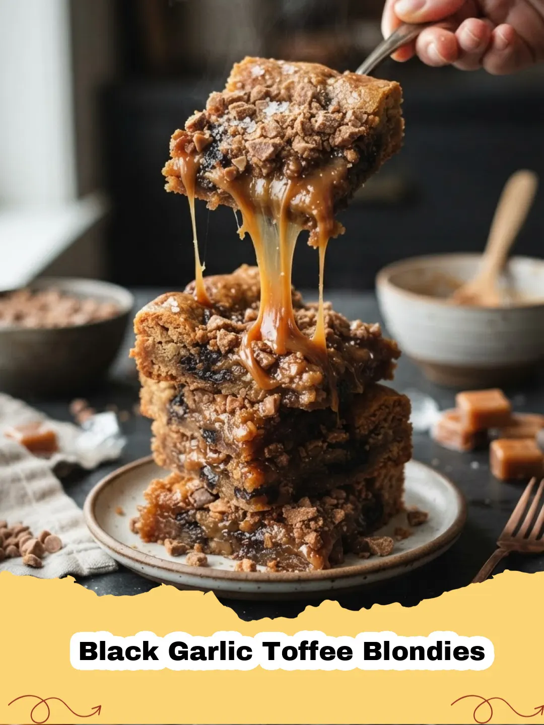 Black Garlic Toffee Blondies - Close-up of a square Black Garlic Toffee Blondie on a cooling rack, showcasing its chewy texture and visible toffee bits.