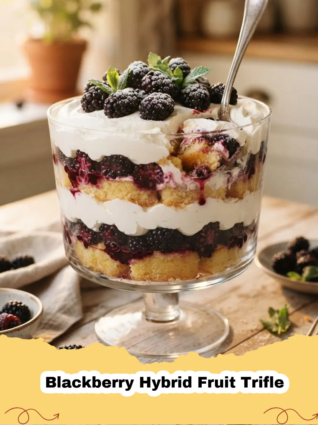A beautifully layered Blackberry Hybrid Fruit Trifle in a glass bowl, garnished with fresh blackberries and mint.