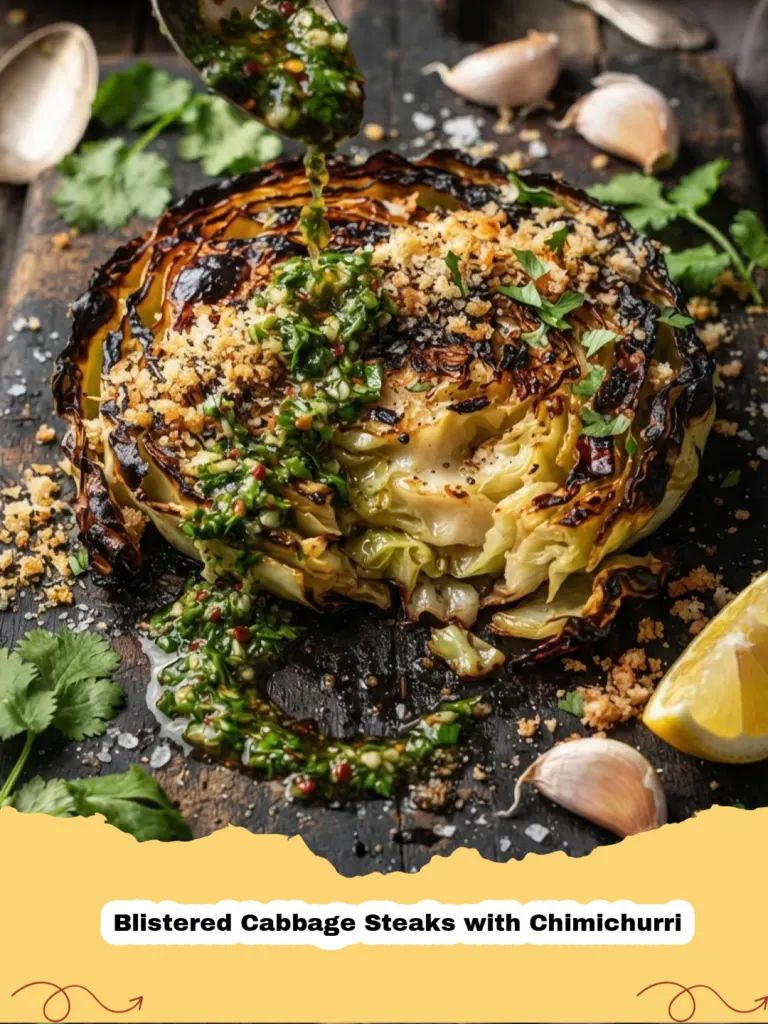Blistered Cabbage Steaks with Chimichurri - Close-up of blistered cabbage steaks topped with vibrant green chimichurri sauce on a white plate.