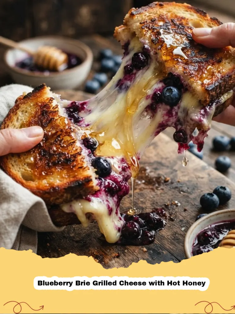 A perfectly grilled Blueberry Brie Grilled Cheese with Hot Honey, oozing with melted cheese and bursting blueberries, on a wooden cutting board.