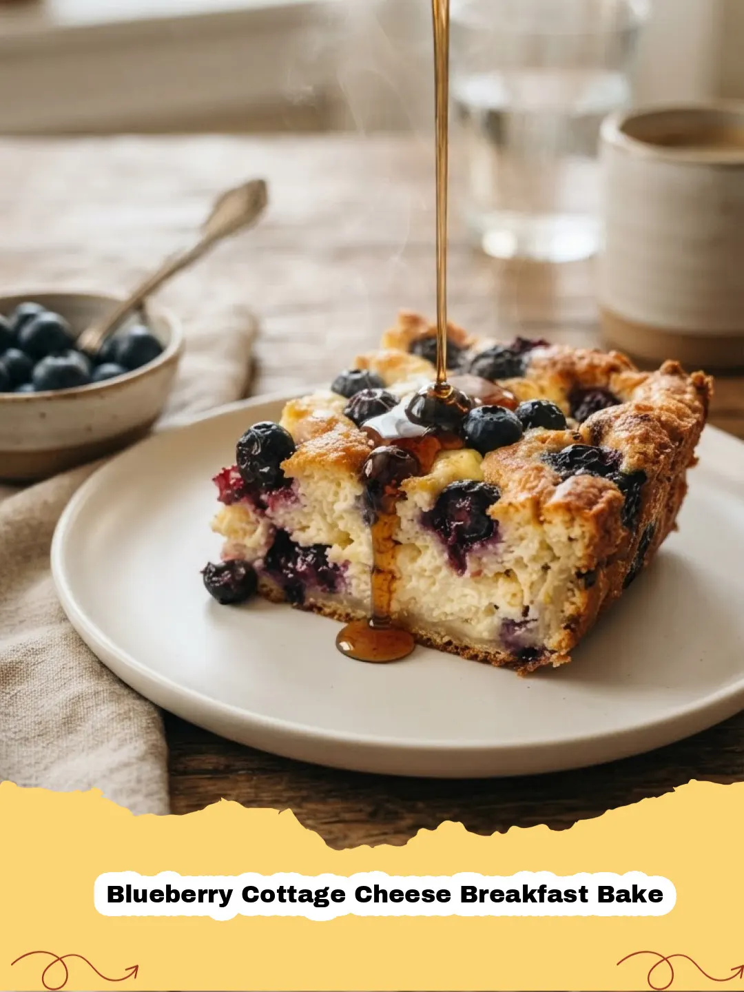 A square slice of golden-brown Blueberry Cottage Cheese Breakfast Bake on a white plate, topped with fresh blueberries and a light dusting of powdered sugar.