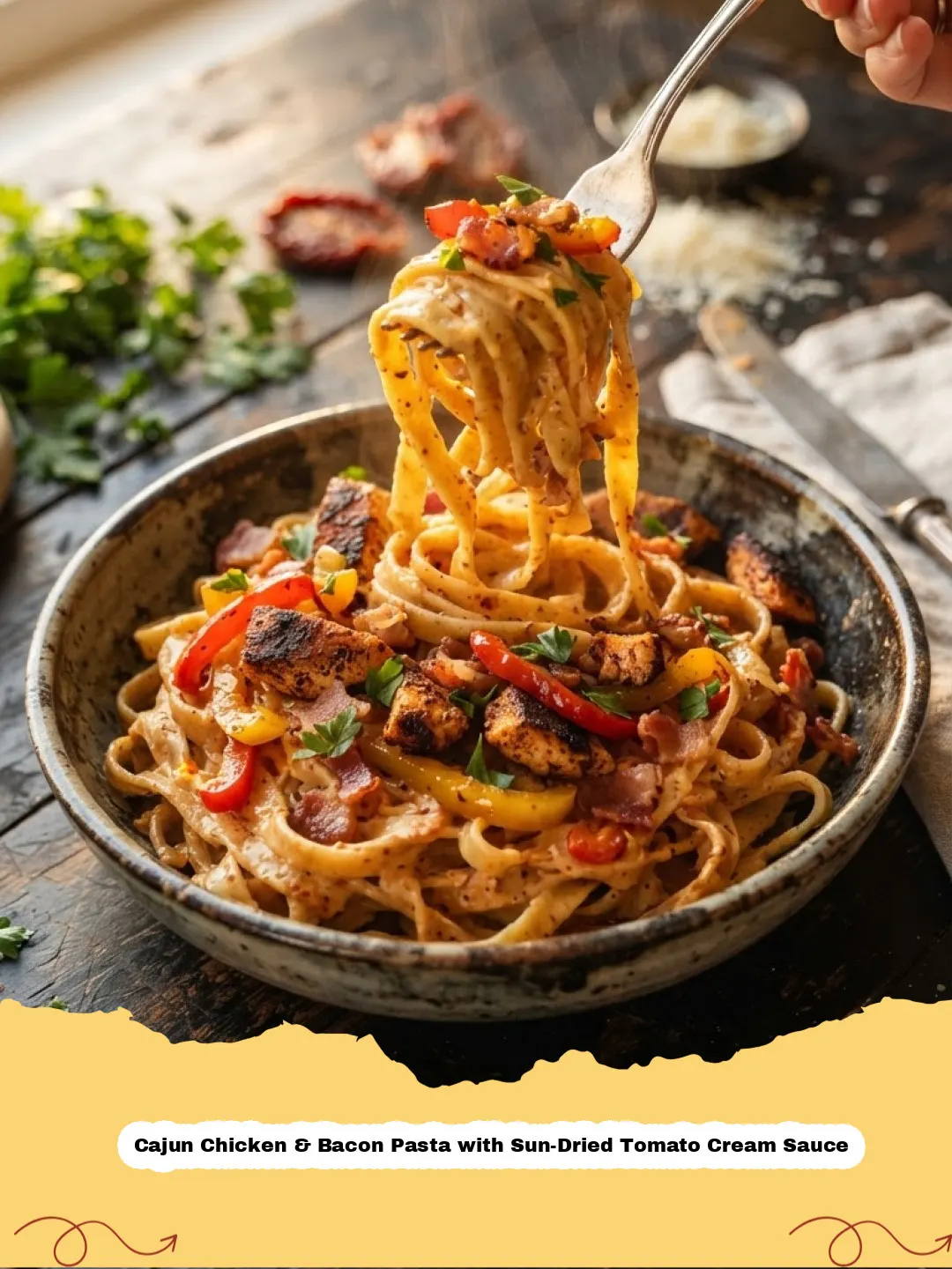 A close-up of Cajun Chicken & Bacon Pasta with Sun-Dried Tomato Cream Sauce in a bowl, garnished with fresh parsley. The pasta is coated in a rich, creamy, orange-hued sauce with visible chicken pieces, bacon bits, and sun-dried tomatoes.