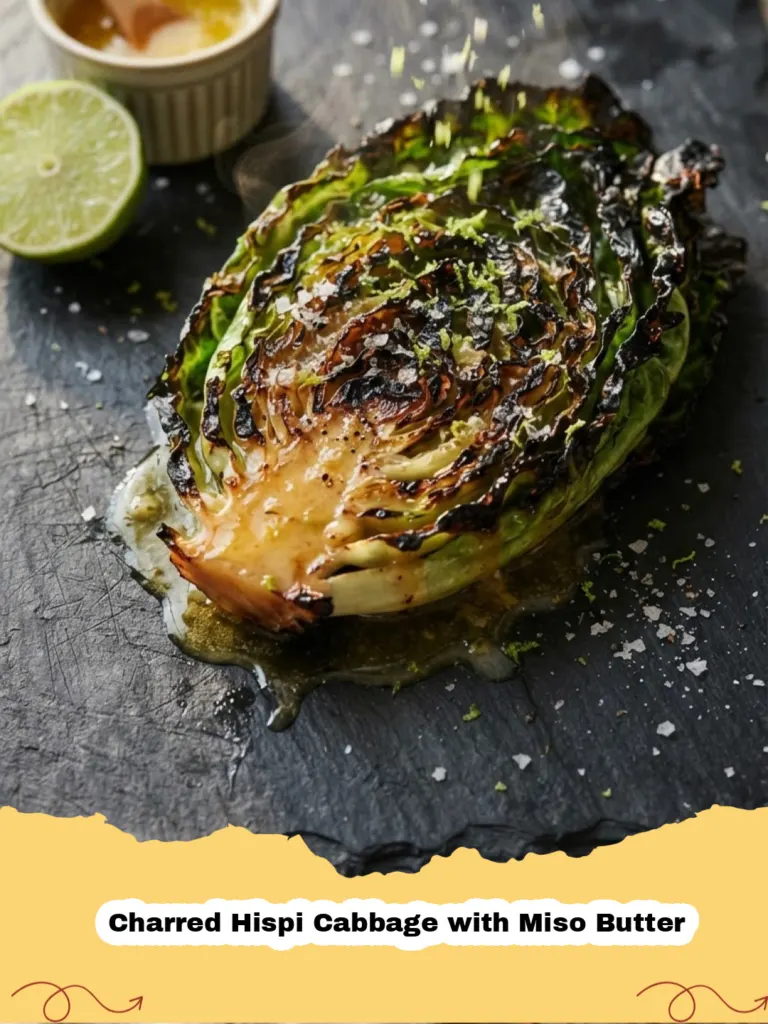 Charred Hispi Cabbage with Miso Butter - Close-up of perfectly charred Hispi cabbage halves drizzled with rich miso butter, garnished with sesame seeds.