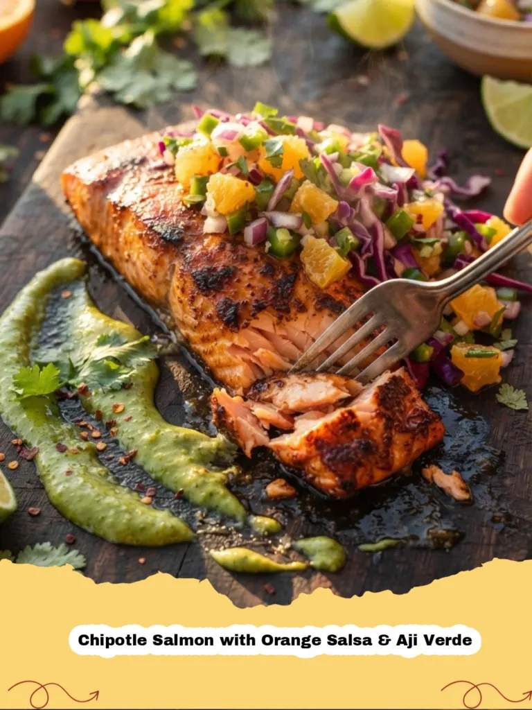 Chipotle Salmon with Orange Salsa & Aji Verde - Close-up of Chipotle Salmon with bright orange salsa and a green drizzle of aji verde on a white plate.