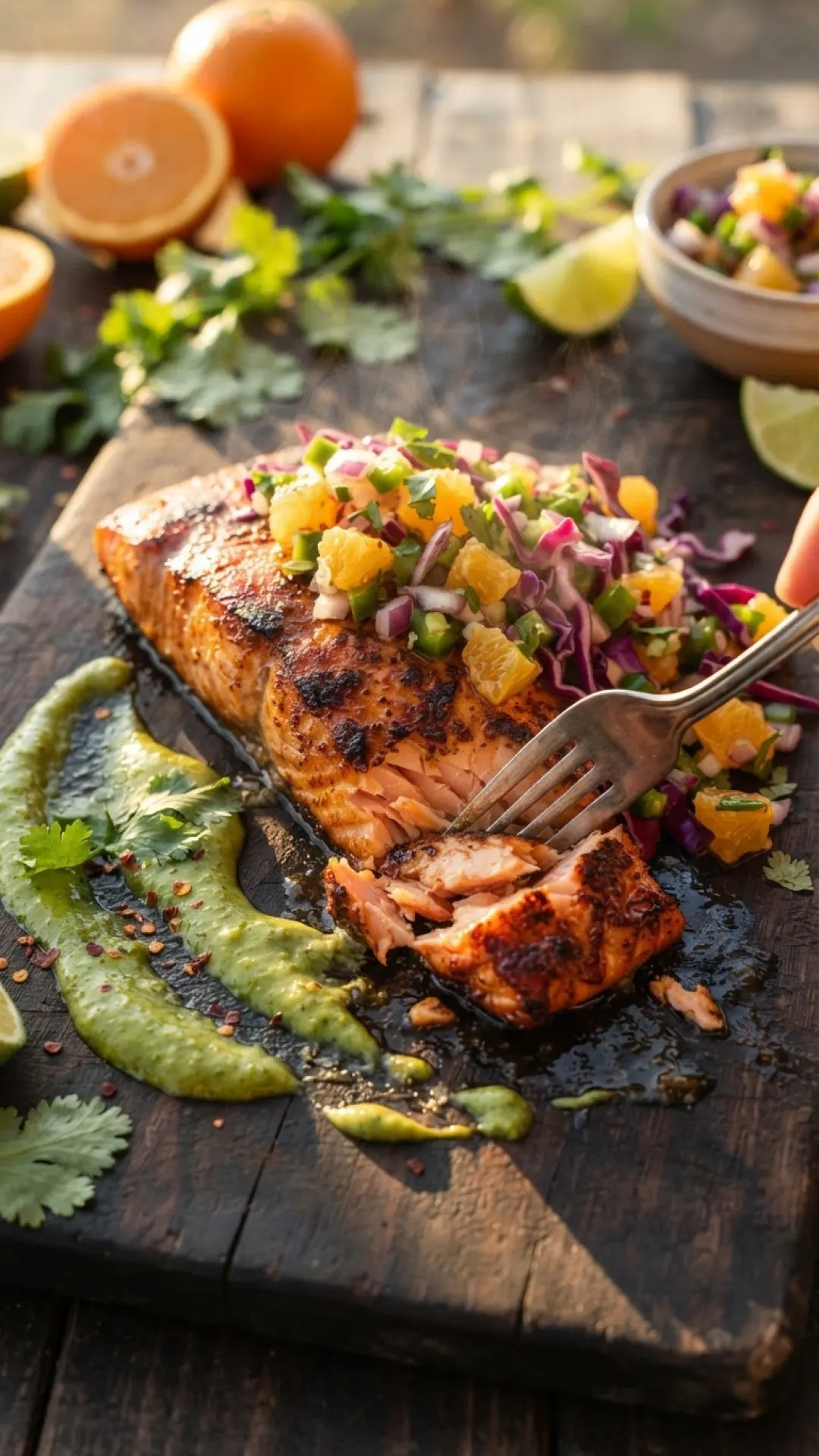 Chipotle Salmon with Orange Salsa & Aji Verde Preparation