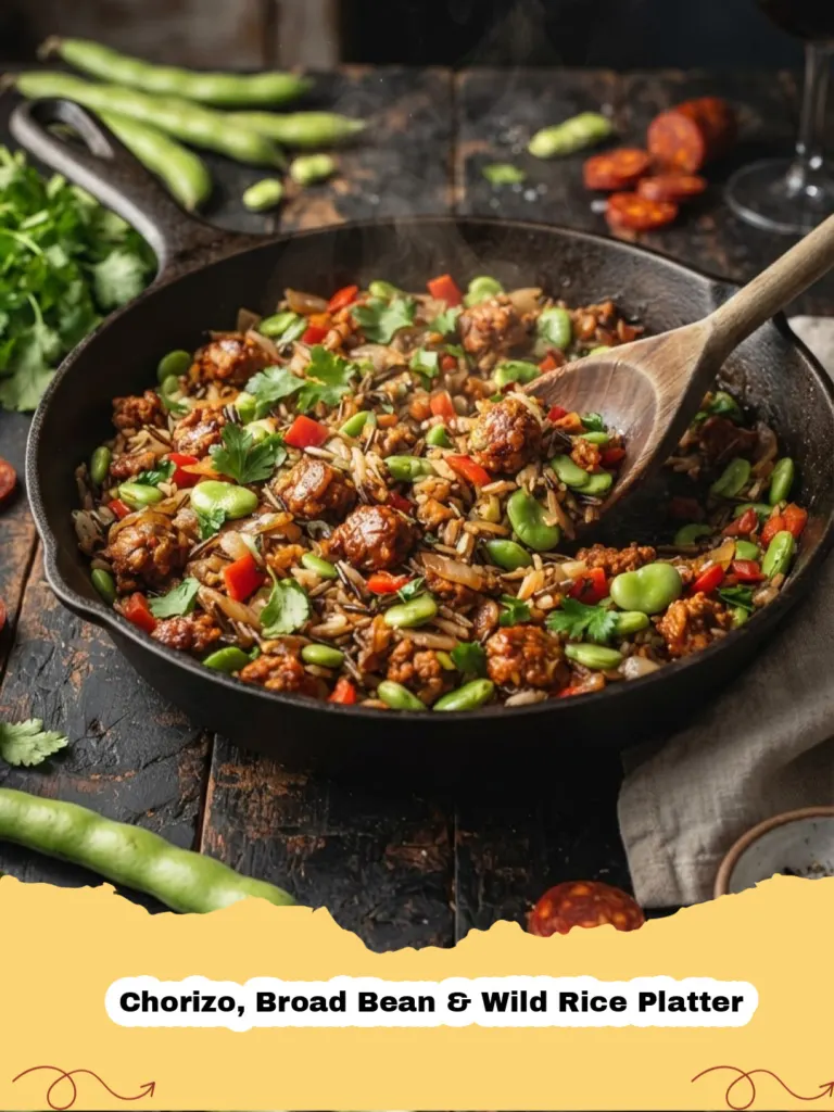 A colourful and hearty Chorizo, Broad Bean & Wild Rice Platter in a rustic bowl, garnished with fresh parsley.