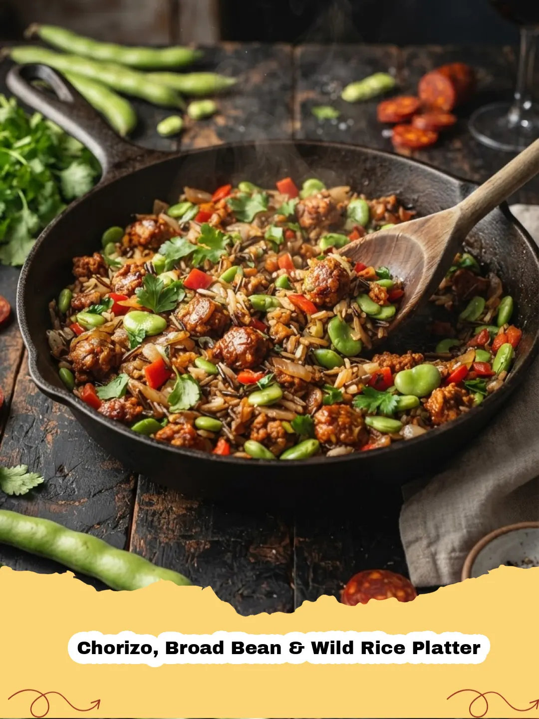 A colourful and hearty Chorizo, Broad Bean & Wild Rice Platter in a rustic bowl, garnished with fresh parsley.