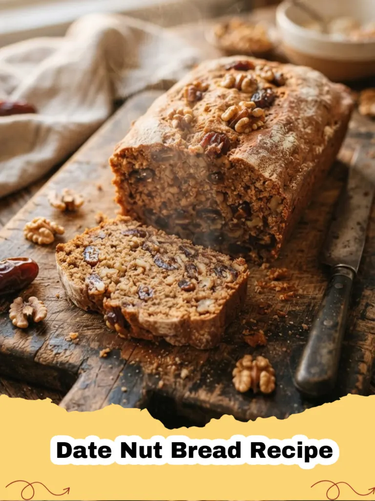 Date Nut Bread Recipe - A perfectly sliced loaf of moist date nut bread on a wooden cutting board, with a knife and scattered walnuts.