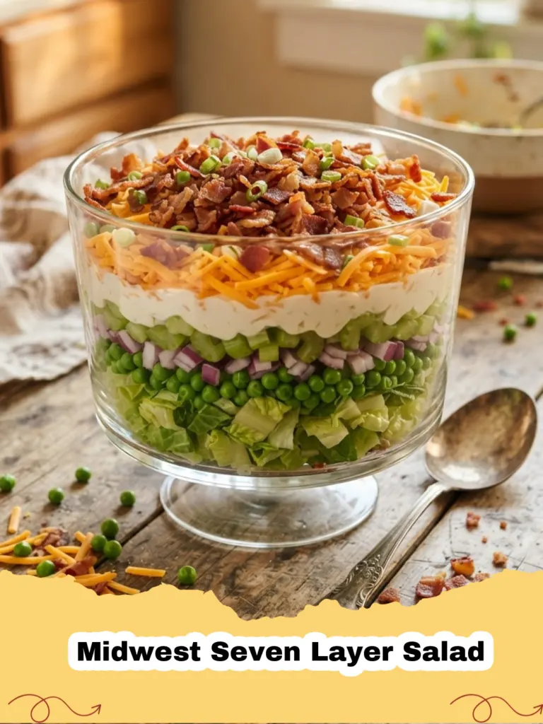 A beautifully layered Midwest Seven Layer Salad in a clear glass bowl, showcasing vibrant layers of lettuce, peas, celery, onion, bacon, egg, and cheddar cheese, topped with creamy dressing.