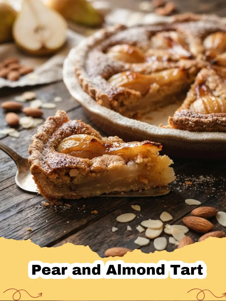 Beautifully baked Pear and Almond Tart with golden frangipane and perfectly arranged pear slices on a cooling rack.