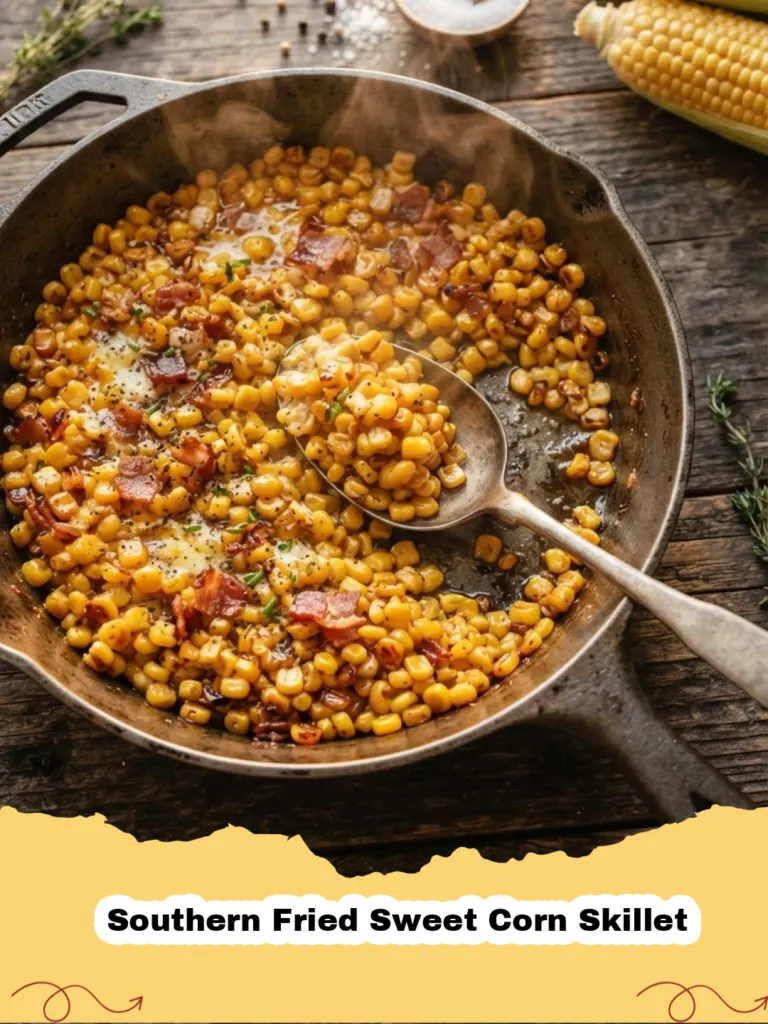 Close-up of a creamy Southern Fried Sweet Corn Skillet in a cast iron pan, garnished with crispy bacon and fresh chives.