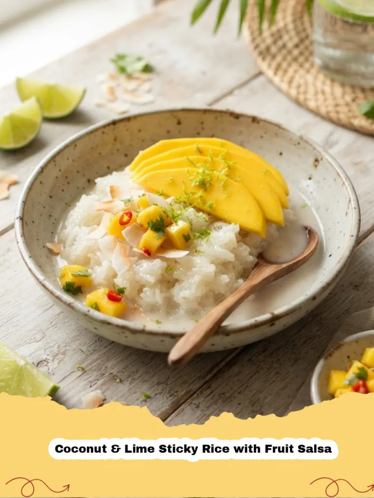 Close-up of Coconut & Lime Sticky Rice with Fruit Salsa, garnished with mint and toasted coconut flakes, on a light blue plate.