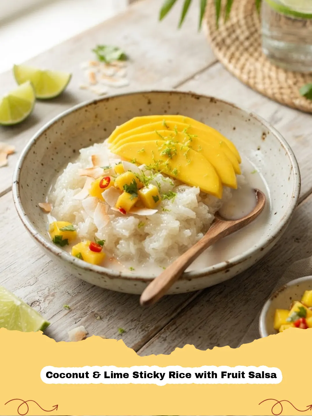 Close-up of Coconut & Lime Sticky Rice with Fruit Salsa, garnished with mint and toasted coconut flakes, on a light blue plate.
