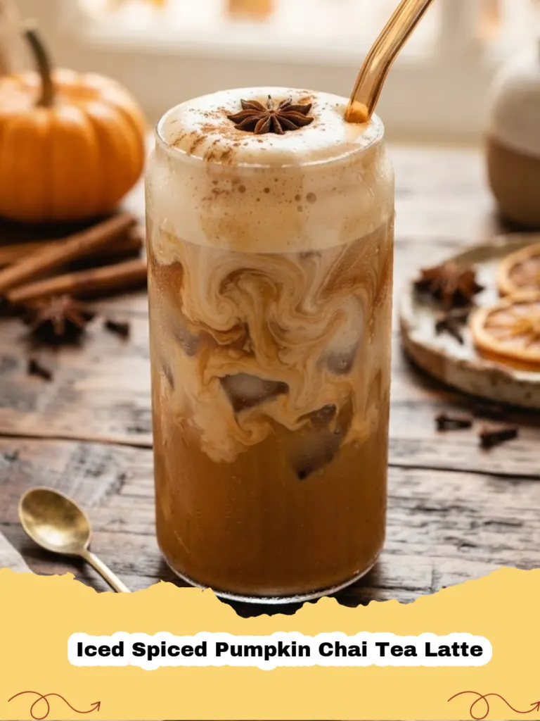 A tall glass of Iced Spiced Pumpkin Chai Tea Latte with ice, topped with whipped cream and a sprinkle of cinnamon, next to a small pumpkin.