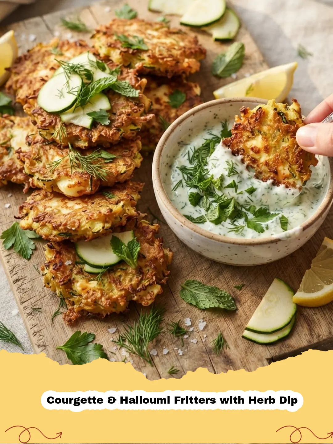 Courgette & Halloumi Fritters with Herb Dip - Golden brown Courgette & Halloumi Fritters stacked on a white plate with a side of green herb dip.