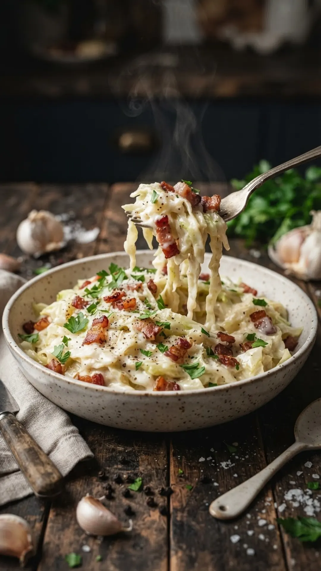 Creamy Cabbage Alfredo with Crispy Bacon Preparation
