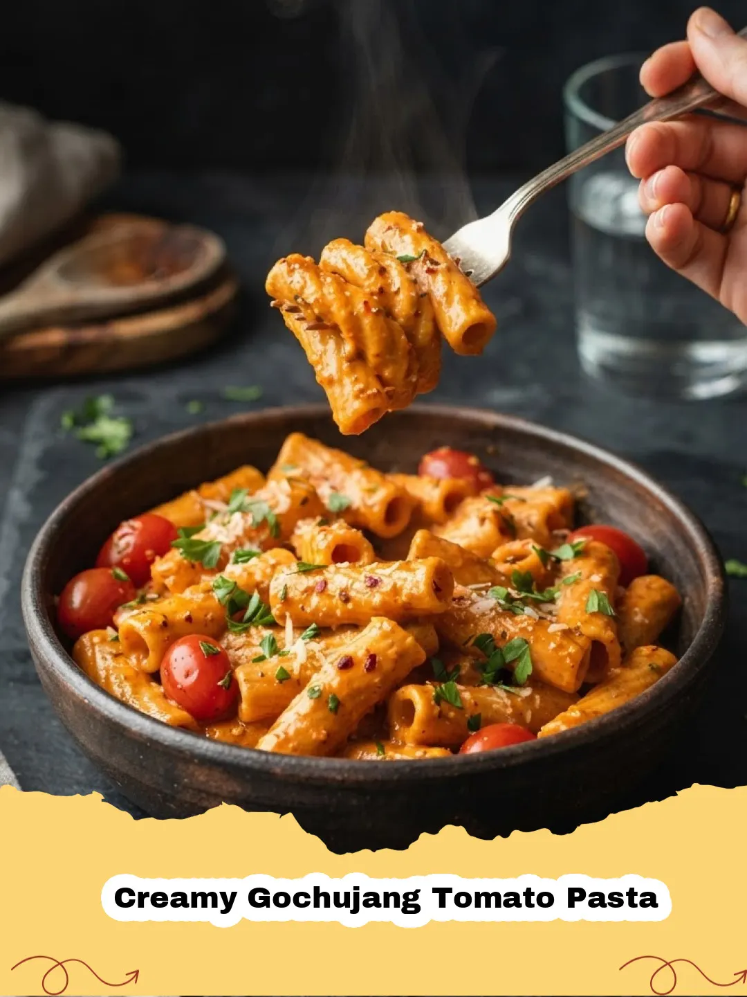 Creamy Gochujang Tomato Pasta - A close-up of a bowl of creamy gochujang tomato pasta, garnished with fresh basil and a sprinkle of sesame seeds.