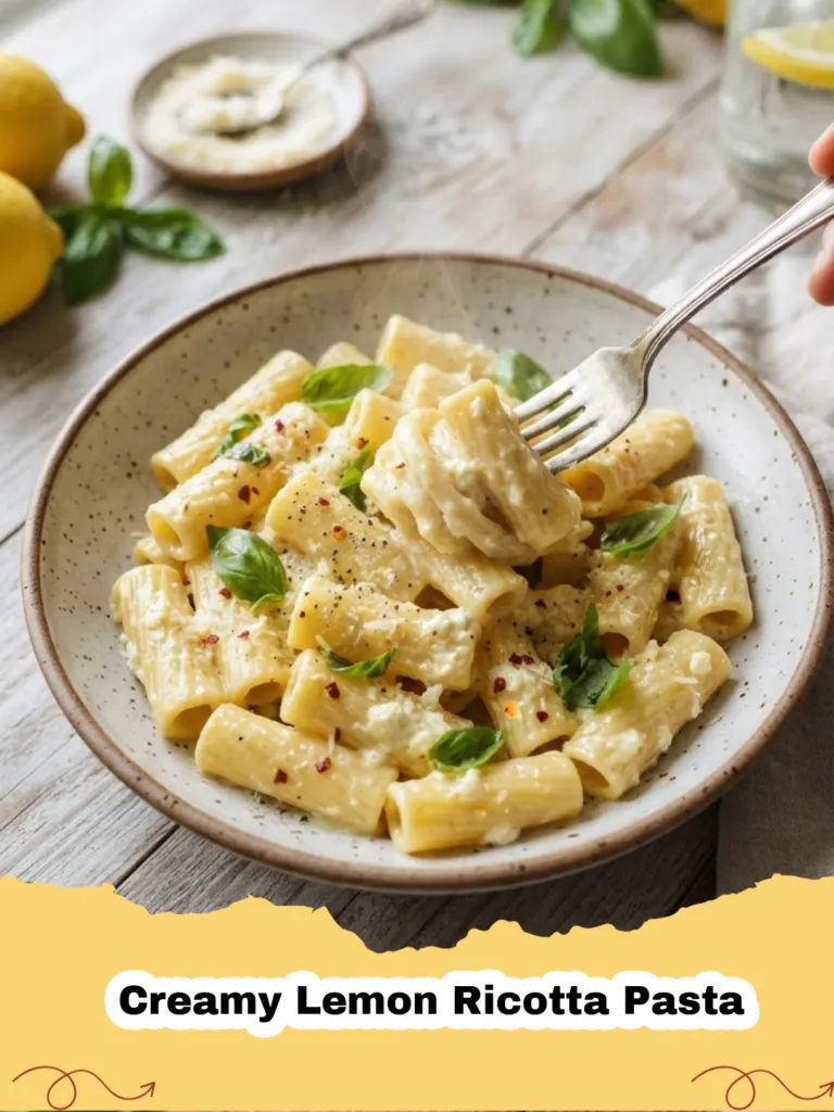 Creamy Lemon Ricotta Pasta - Close-up of creamy lemon ricotta pasta garnished with fresh parsley and lemon zest in a white bowl.