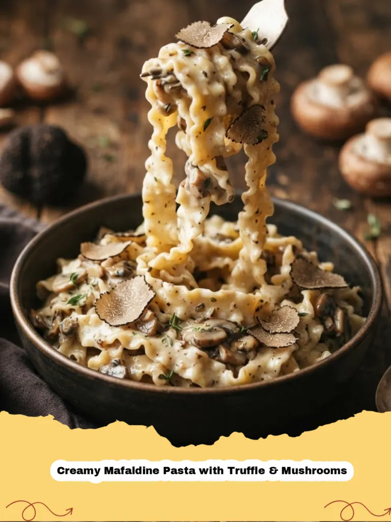 Creamy Mafaldine Pasta with Truffle & Mushrooms - Close-up of creamy mafaldine pasta with ruffled edges, tender mushrooms, and a rich truffle cream sauce, garnished with fresh herbs.
