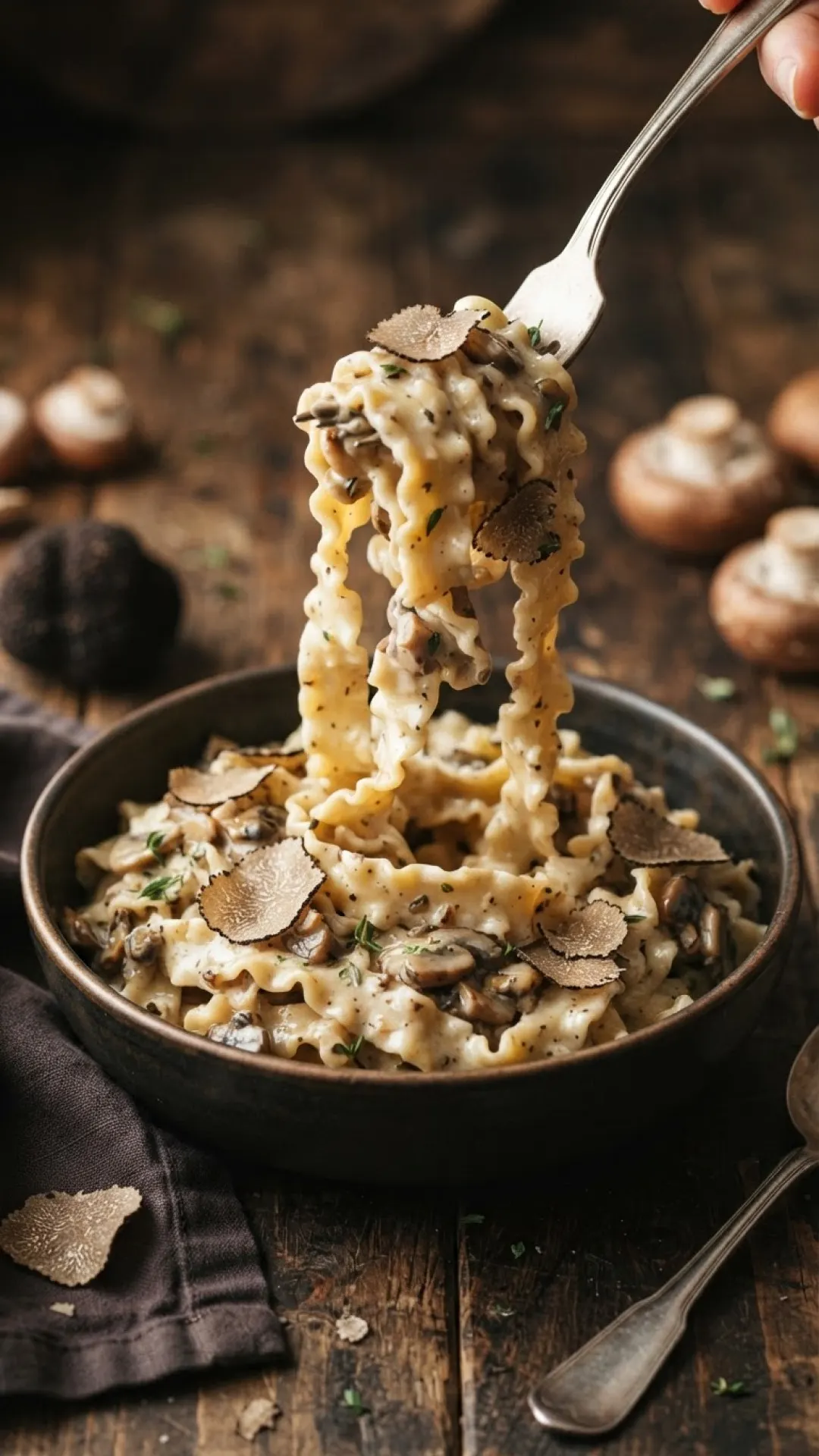 Creamy Mafaldine Pasta with Truffle & Mushrooms Preparation