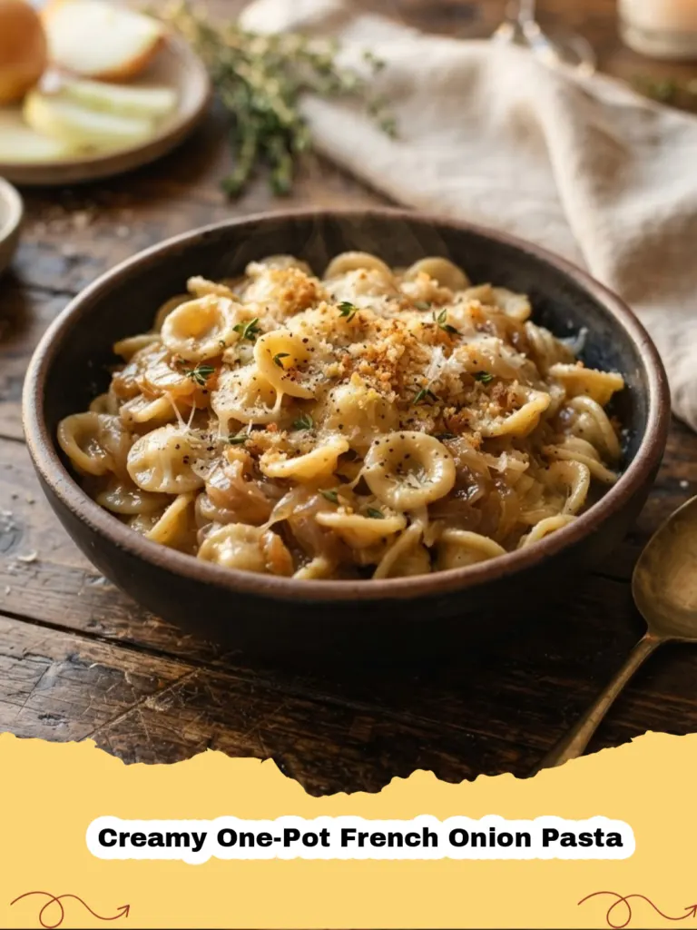 Creamy One-Pot French Onion Pasta - Close-up of creamy one-pot French onion pasta in a large white bowl, garnished with fresh thyme and melted Gruyère cheese.