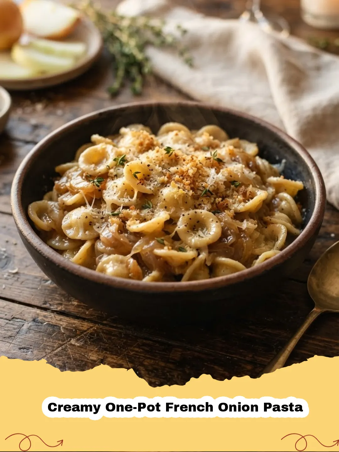 Creamy One-Pot French Onion Pasta - Close-up of creamy one-pot French onion pasta in a large white bowl, garnished with fresh thyme and melted Gruyère cheese.