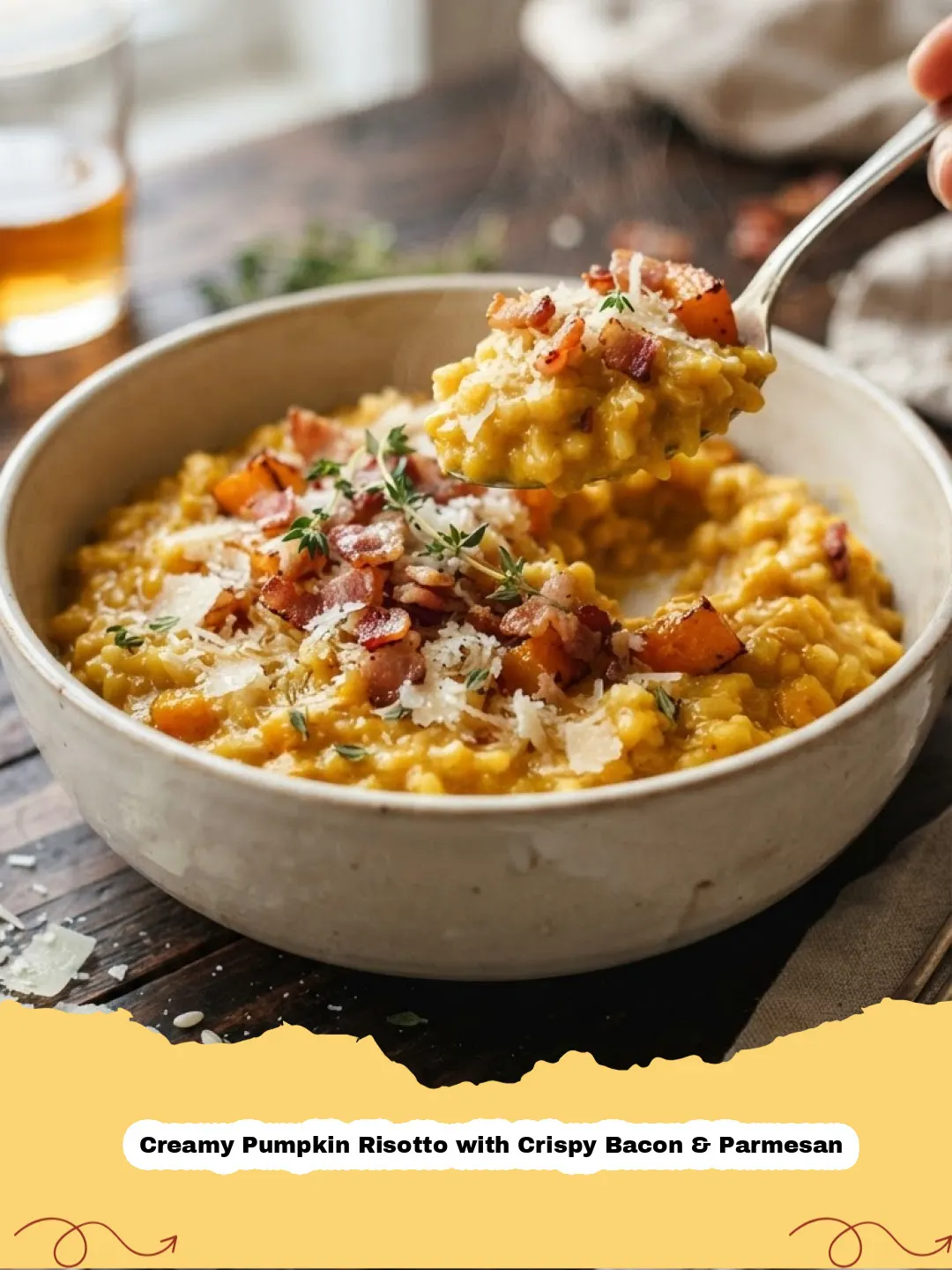 Creamy Pumpkin Risotto with Crispy Bacon & Parmesan - Close-up of creamy pumpkin risotto with crispy bacon and grated Parmesan in a white bowl, garnished with fresh sage.