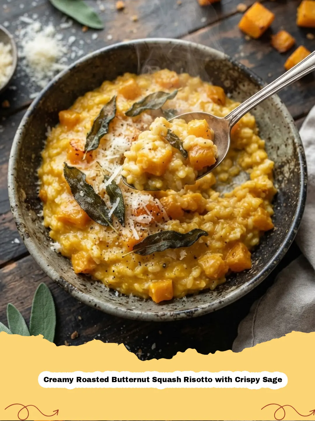 Creamy Roasted Butternut Squash Risotto with Crispy Sage - A close-up shot of creamy roasted butternut squash risotto, garnished with crispy sage leaves and grated Parmesan cheese, served in a rustic bowl.