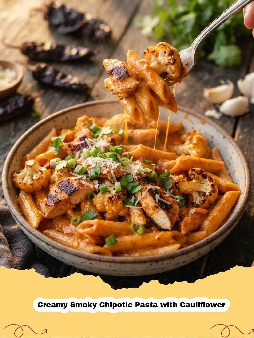 Creamy Smoky Chipotle Pasta with Cauliflower - Creamy Smoky Chipotle Pasta with Roasted Cauliflower in a bowl, garnished with fresh cilantro.