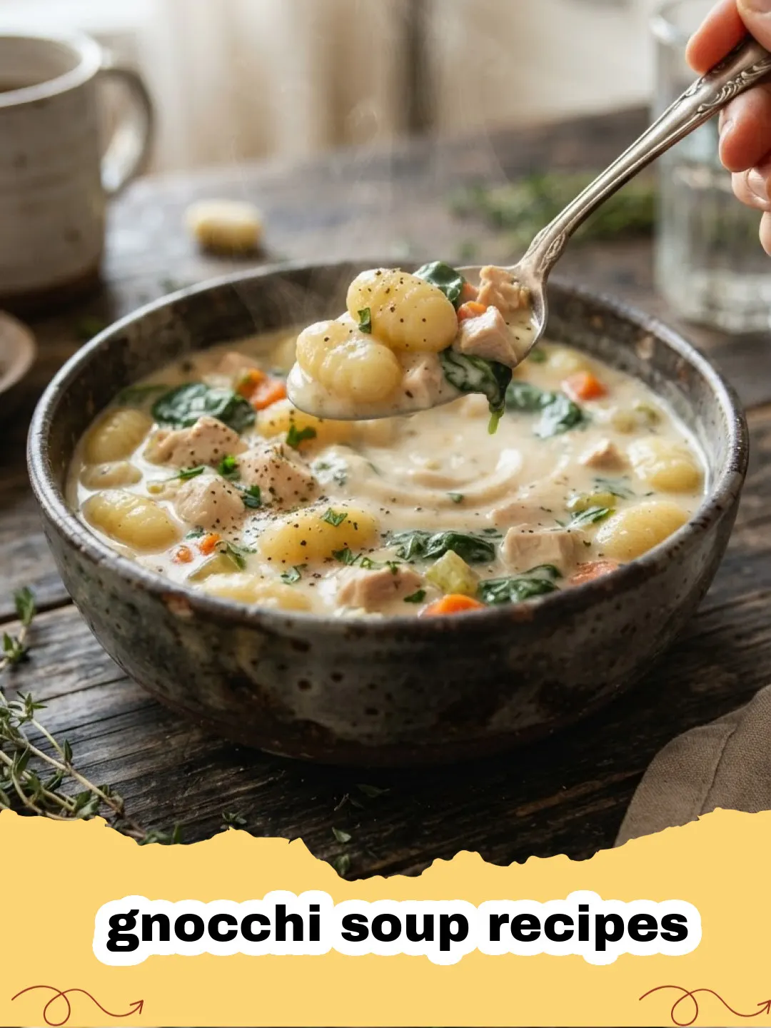 gnocchi soup recipes - A steaming bowl of creamy tomato and spinach gnocchi soup, garnished with fresh basil and Parmesan cheese.