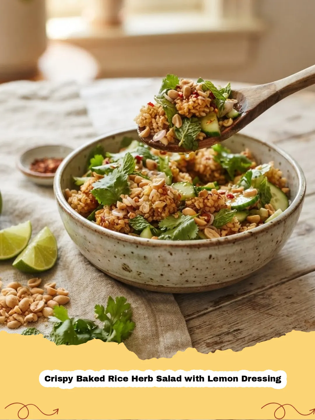 A vibrant bowl of Crispy Baked Rice Herb Salad with Lemon Dressing, garnished with fresh herbs and a lemon wedge.