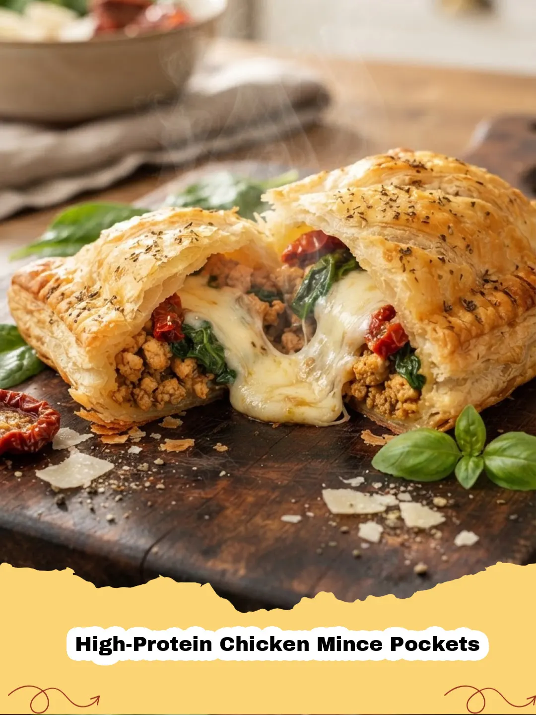 Golden brown High-Protein Chicken Mince Pockets filled with savory chicken and vegetables, served on a plate.