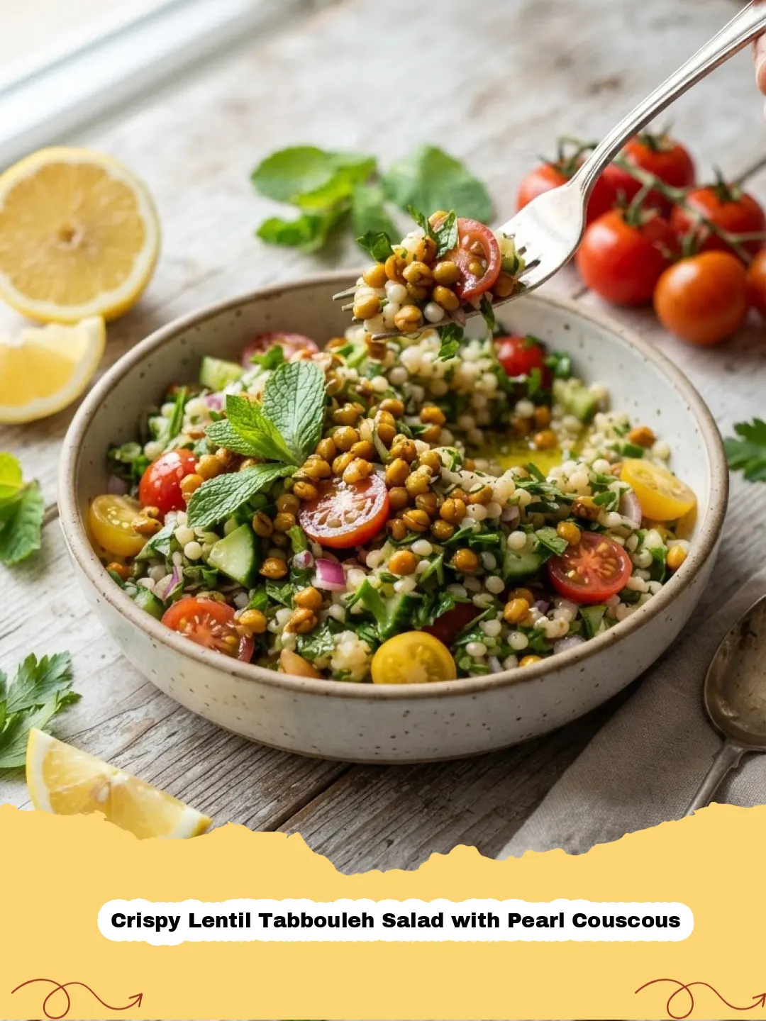 A vibrant and fresh Crispy Lentil Tabbouleh Salad with Pearl Couscous in a large white bowl, garnished with fresh mint leaves.