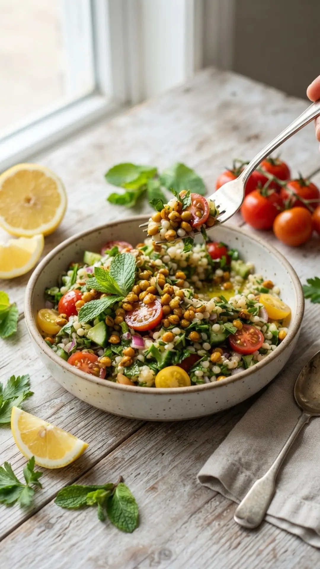 Crispy Lentil Tabbouleh Salad with Pearl Couscous Preparation