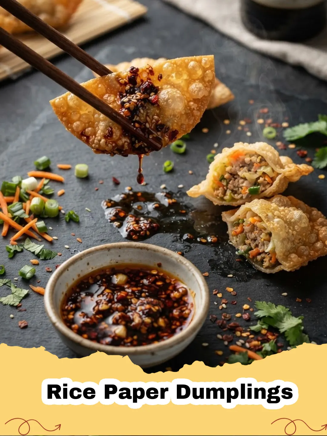 Close-up of crispy, golden pan-fried Rice Paper Dumplings on a plate with dipping sauce and fresh herbs.