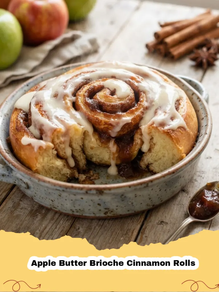 Close-up of golden brown Apple Butter Brioche Cinnamon Rolls drizzled with a creamy white glaze in a baking dish.