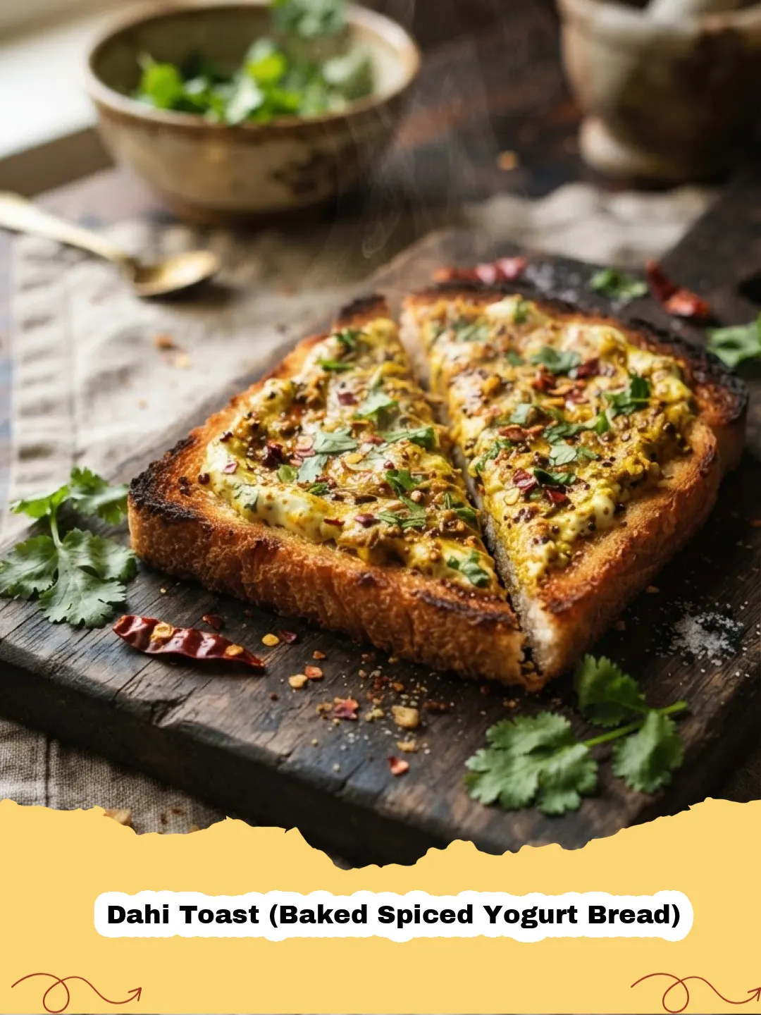 Dahi Toast (Baked Spiced Yogurt Bread) - Baked Dahi Toast slices on a wooden board, garnished with fresh cilantro and spices, showing crispy golden edges and a creamy topping.