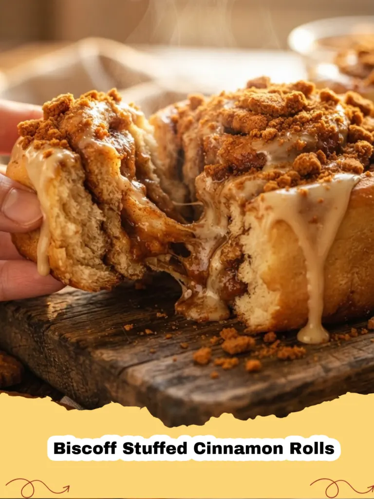 Close-up of freshly baked Biscoff Stuffed Cinnamon Rolls with cream cheese frosting, showing the swirled layers.