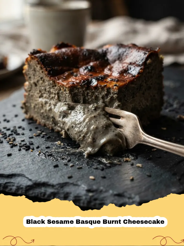 A slice of Black Sesame Basque Burnt Cheesecake with its signature dark, caramelized top and creamy, grey-hued interior, garnished with a few black sesame seeds on a white plate.