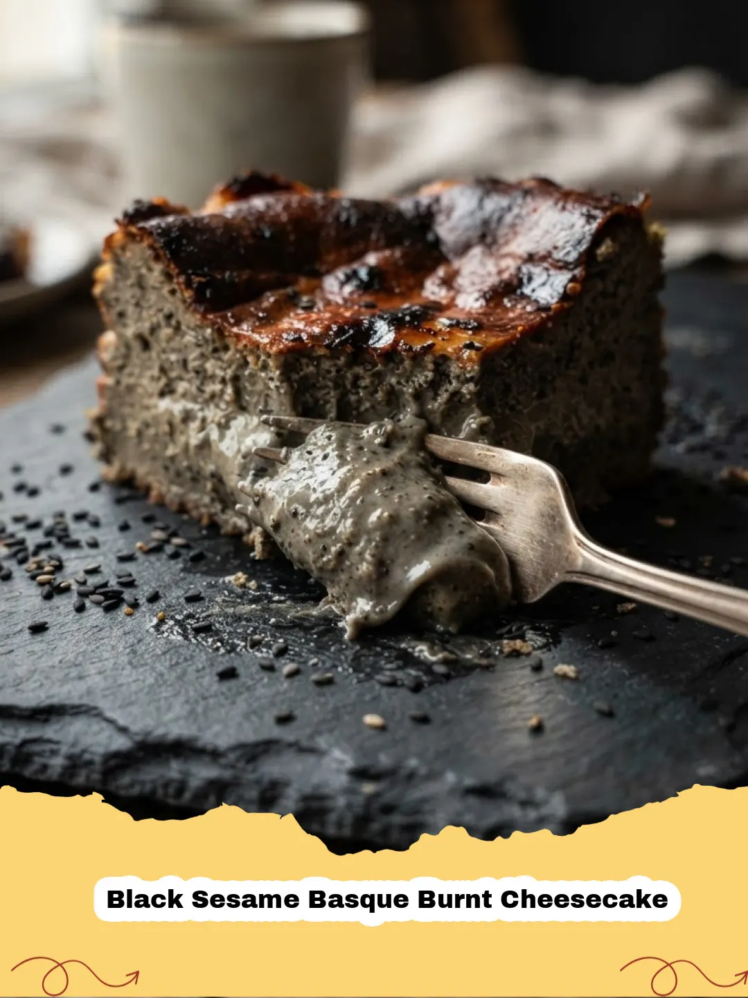 A slice of Black Sesame Basque Burnt Cheesecake with its signature dark, caramelized top and creamy, grey-hued interior, garnished with a few black sesame seeds on a white plate.