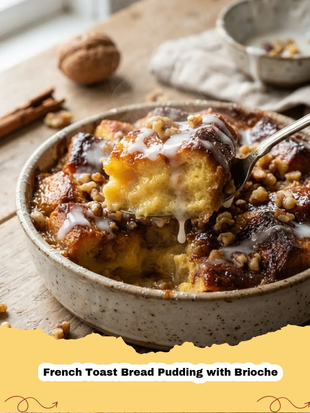 Golden-brown French Toast Bread Pudding with Brioche in a baking dish, dusted with powdered sugar and garnished with fresh berries.