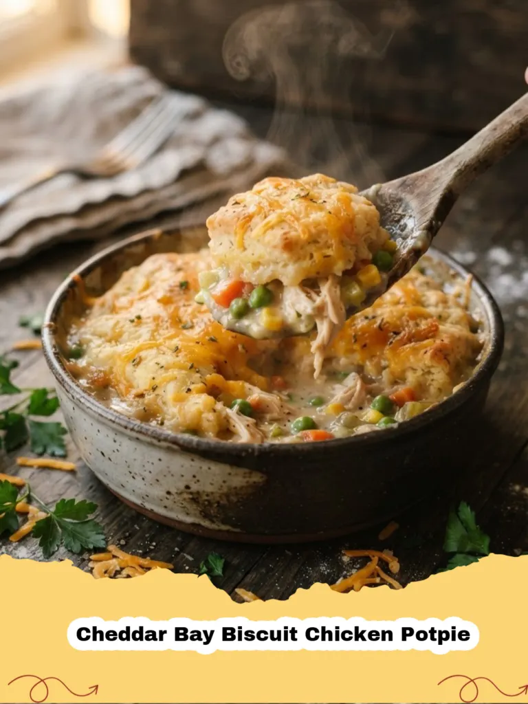 Golden brown Cheddar Bay Biscuit Chicken Potpie in a cast iron skillet with a scoop taken out, showing creamy filling.