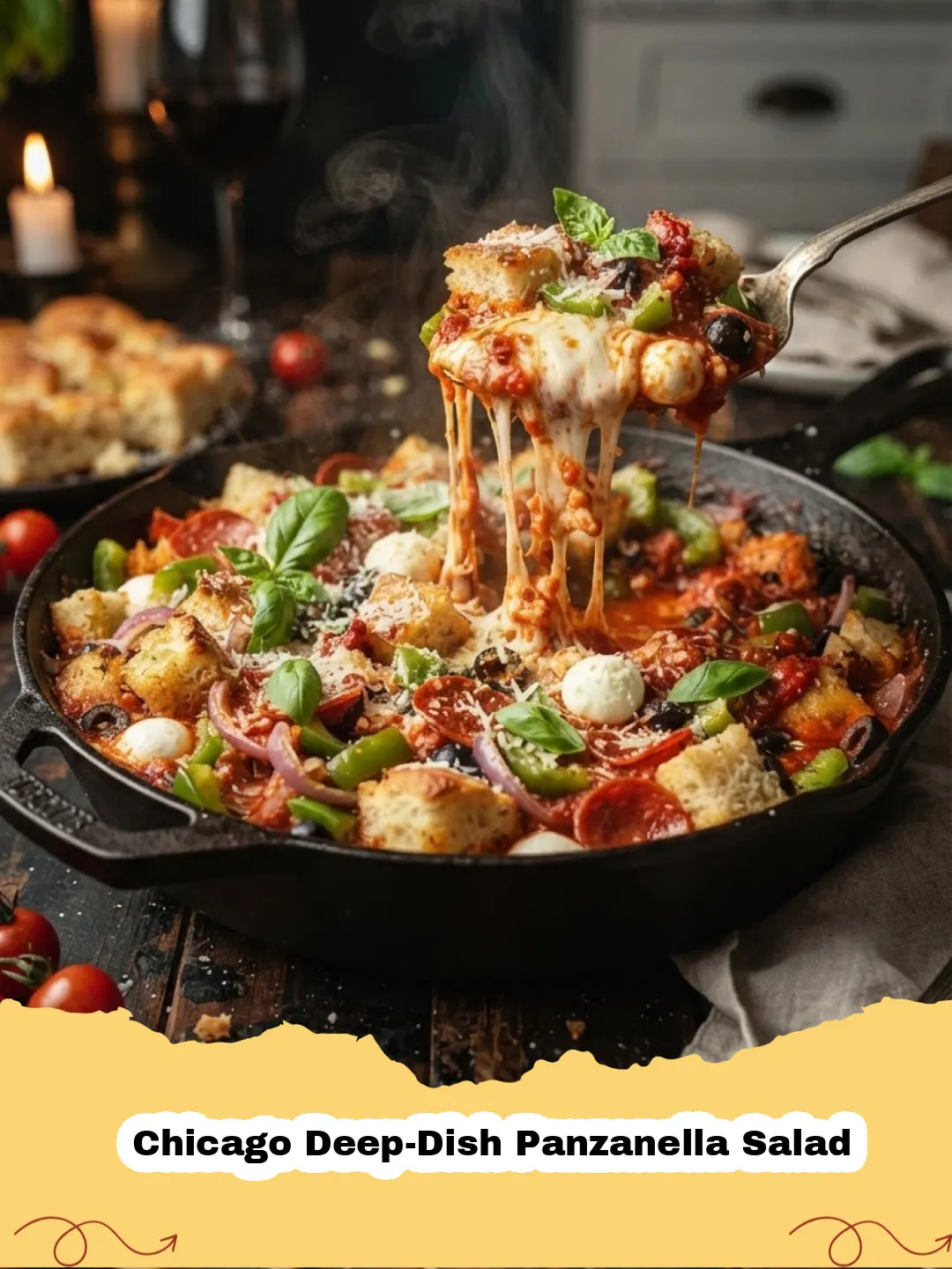 A large bowl of Chicago Deep-Dish Panzanella Salad, featuring golden-brown croutons, chunks of sweet Italian sausage, ripe red tomatoes, green bell peppers, red onion, and fresh mozzarella, garnished with fresh basil.