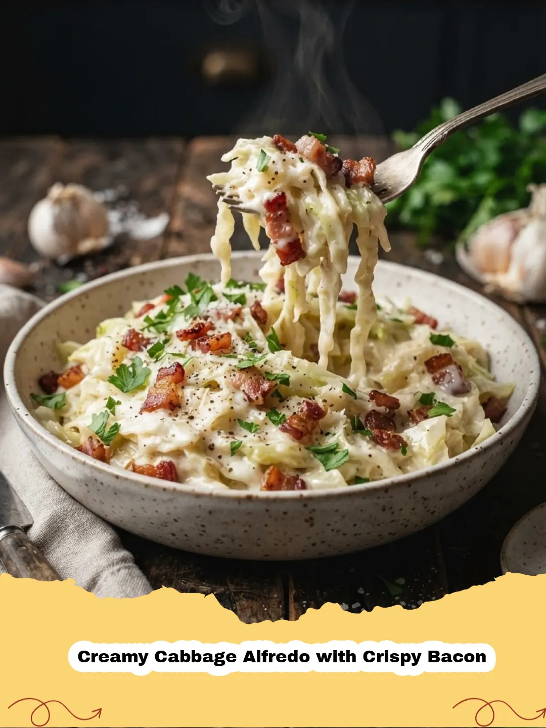Creamy Cabbage Alfredo with Crispy Bacon in a white bowl with fresh parsley garnish.