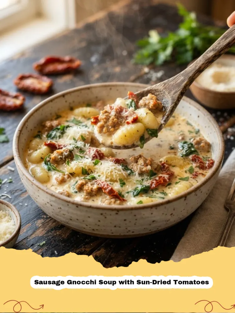 A steaming bowl of creamy Sausage Gnocchi Soup with Sun-Dried Tomatoes, garnished with fresh basil and Parmesan cheese.