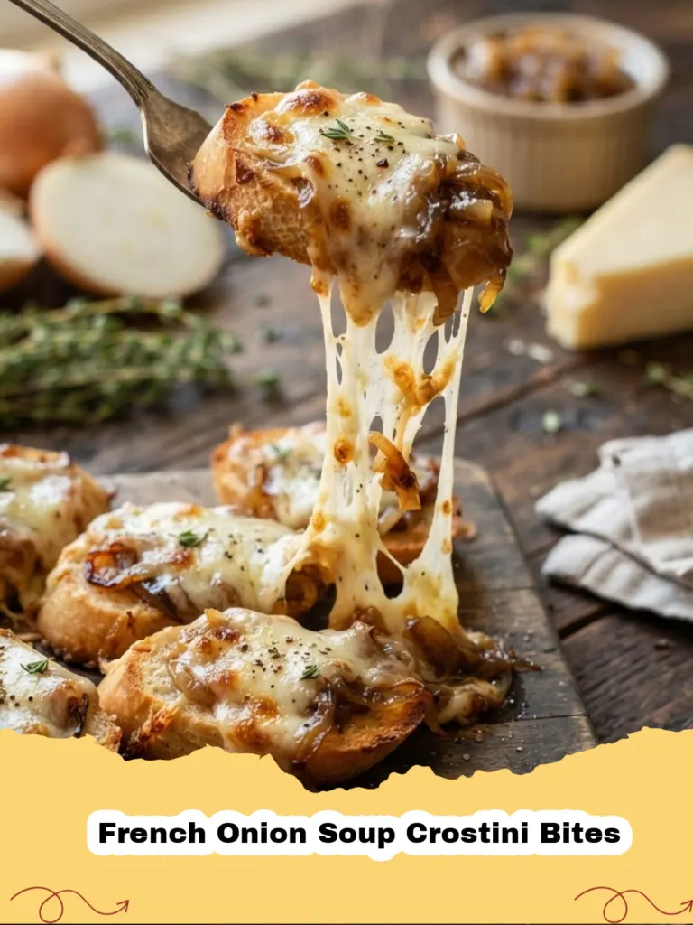 French Onion Soup Crostini Bites with melted Gruyère cheese on a platter