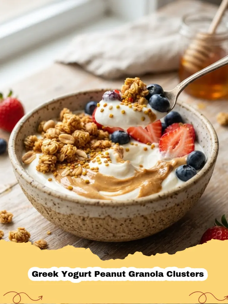 Close-up of Greek Yogurt Peanut Granola Clusters on a parchment-lined tray, with some broken pieces. Golden brown oats and creamy peanut butter are visible.