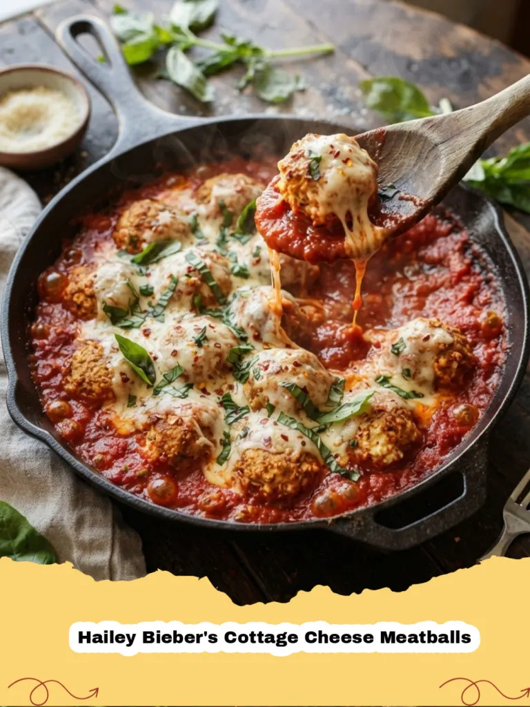 Hailey Bieber's Cottage Cheese Meatballs served with spaghetti and fresh basil